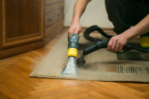 Hands cleaning an area rug with an extraction wand