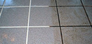Side by side of clean and dirty grout. Grout cleaning St Louis E&B Carpet