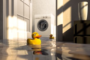 Rubber ducky floating in flooded basement, flood damage cleanup
