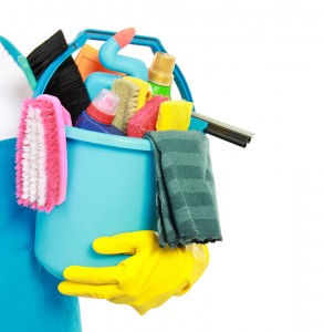 Cleaning bucket full of cleaning supplies E&B Carpet St Louis