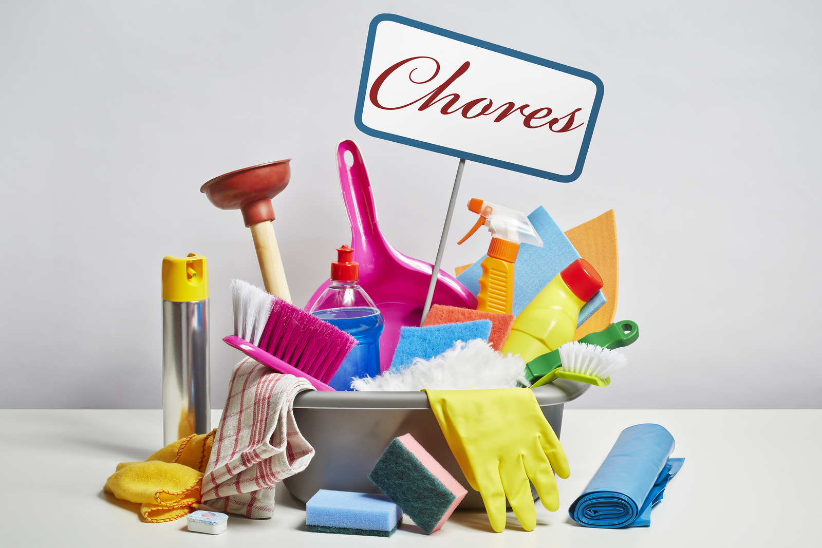 Chores bucket filled with cleaning supplies E&B Carpet Cleaning