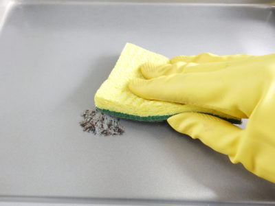 image of a gloved hand scrubbing a dish surface